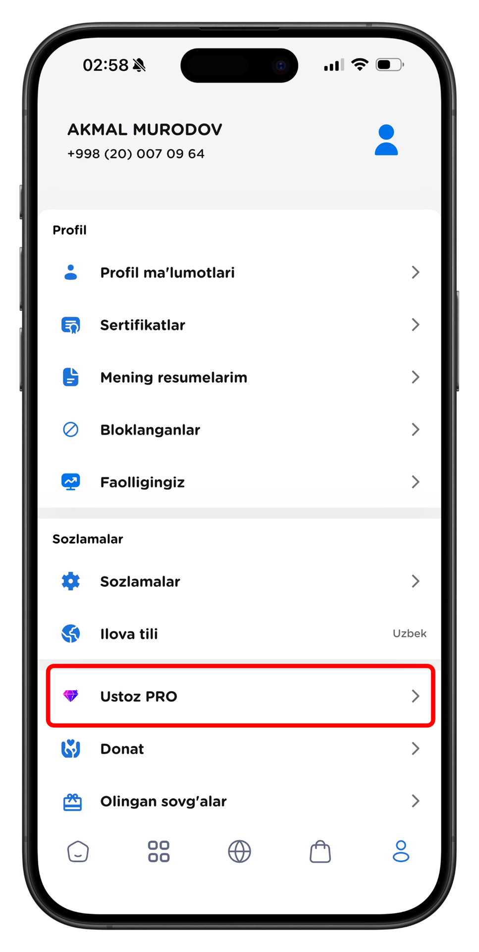 5. Profil → Ustoz PRO bo'limini oching